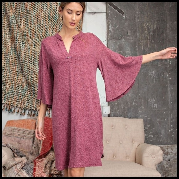 EASEL Hacci Knit Sweater Dress Mandarin Collar V-Neck & Statement Bell Sleeves - Picture 4 of 16